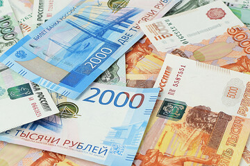 Money background. Banknotes of Russian rubles. Cash loan. . Top view, flat lay. Selective focus.