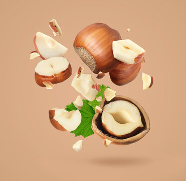 Pieces of tasty hazelnuts falling on beige background