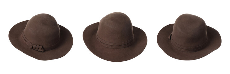 Set with stylish hats on white background, banner design. Trendy headdress