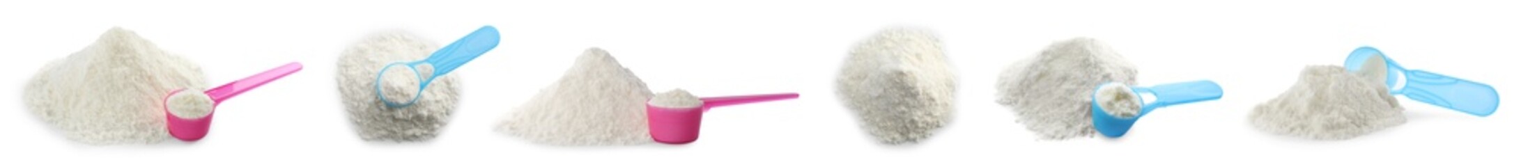 Set with powdered infant formula and scoops on white background, banner design. Baby milk