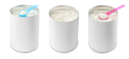 Set with cans of powdered infant formula with scoops on white background, banner design. Baby milk