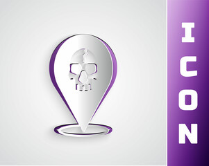 Paper cut Location pirate icon isolated on grey background. Paper art style. Vector