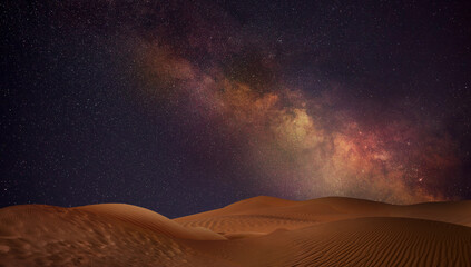 Scenic view of sandy desert under starry sky in night - obrazy, fototapety, plakaty