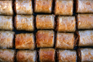 Baklava with apples, or pie with apples in sugar syrup. Adobe RGB color space.