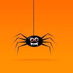 Cute smiling cartoon spider hanging stock illustration on orange background.