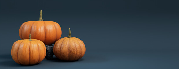 Seasonal background Banner with copy-space. Trio of Pumpkins on Blue Grey color. Fall Concept.