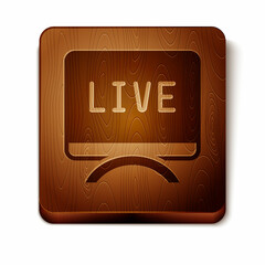 Brown Live report icon isolated on white background. Live news, hot news. Wooden square button. Vector