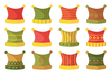 Fashionable, modern, stylish winter knitted warm hats with patterns, pom poms. Hats for children, youth, women. Winter clothes. Christmas accessory. Set of caps, white background. Vector illustration