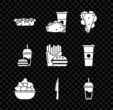 Set Hotdog sandwich with mustard, Paper glass taco tortilla, Sandwich, Popcorn in bowl, Knife, Glass of lemonade drinking straw, burger and Burger french fries carton package box icon. Vector