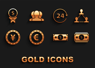 Set Coin money with euro symbol, Project team base, Stacks paper cash, Yen, Clock 24 hours, Reward for good work and Users group icon. Vector