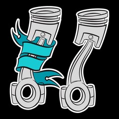 Illustration tattoo piston engine with ribbon and background motorcycle