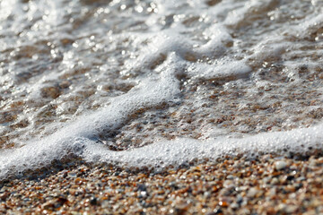 Tidal bore. The wave rolls onto the seashore, which is covered with shells. Coastline. Sea waves with white foam and shells beach. close-up.