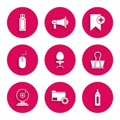 Set Office chair, Folder settings with gears, Marker pen, Binder clip, Web camera, Computer mouse, Bookmark and USB flash drive icon. Vector