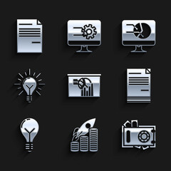 Set Board with graph chart, Rocket flying up on coins growth, Safe and money, Document, Light bulb concept of idea, rays shine, Computer monitor and icon. Vector