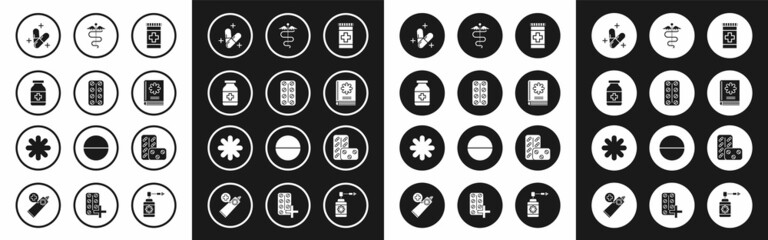 Set Medicine bottle, Pills blister pack, pill or tablet, Medical book, Caduceus snake medical symbol, and Cross hospital icon. Vector