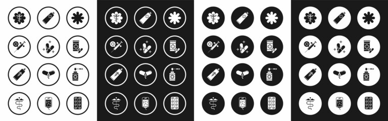 Set Cross hospital medical, Medical syringe with needle, Emergency star symbol Caduceus snake stick, bottle and pills, Ointment cream tube medicine, nozzle spray and icon. Vector