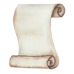 Watercolor illustration hand painted scrolled parchment for kings from old paper isolated on white. Post clip art design element for greeting postcard, birthday and wedding invitation, packaging