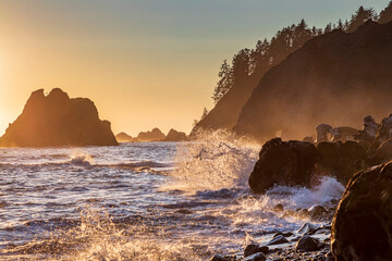 dramatic sunset in Rialto beach in Olympic National Park in Washington state. waves from the pacific crashes on the sea stacks and massive logs on the seashore.