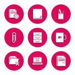 Set Drawer with documents, Laptop and cross mark on screen, File, Coffee cup, Delete folder, Paper clip, Pencil case stationery and Document settings gears icon. Vector