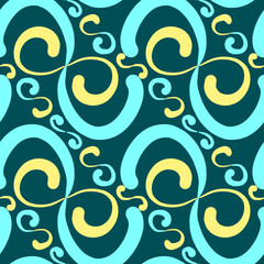 Seamless background with blue and yellow ornament, geometric shapes, swirls and lines.