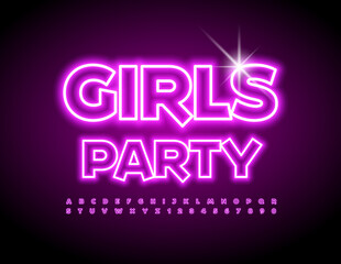 Vector bright Banner Girls Party.   Electric purple Alphabet Letters and Numbers. Neon Glowing Font.