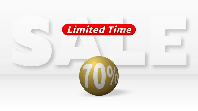 A beautiful golden ball with 70 percent discount rolls against big white letters SALE and the red inscription LIMITED TIME appears above it