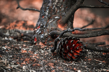Burnt pine cone after a forest fire , Abstract backgroud, charred pine cones in forest fire