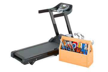 Treadmill with toolbox. Service and repair of treadmill, 3D rendering