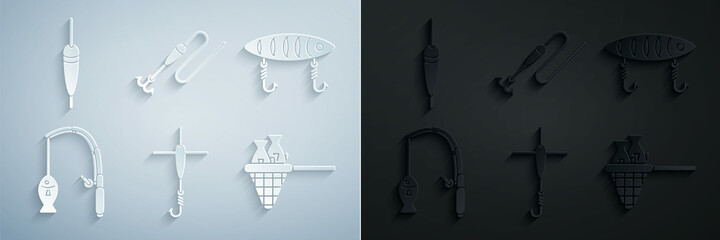 Set Fishing hook and float, lure, rod fish, net with, line and icon. Vector