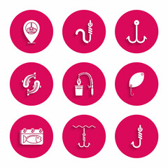 Set Fishing rod and fish, hook under water, spoon, Calendar with, and Location fishing icon. Vector