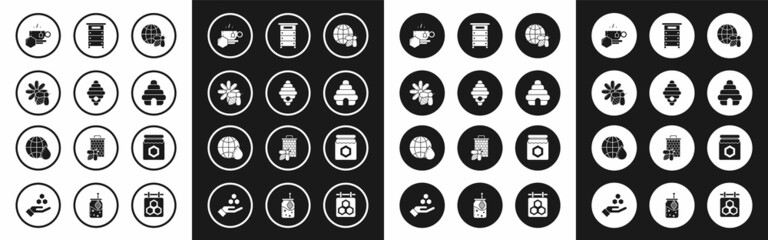 Set Honeycomb map of the world and bee, Hive for bees, Bee flower, Cup tea with honey, Jar and icon. Vector