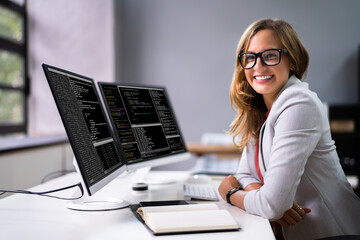 Developer Programmer Woman Coding Software - obrazy, fototapety, plakaty