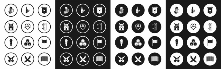 Set Street signboard with glass of beer, Pretzel, Windmill, Glass and hop, inscription Beer, bottle, National Germany flag and icon. Vector