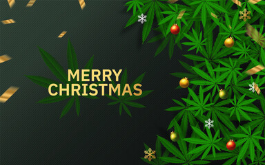 Naklejka na ściany i meble Merry Christmas cannabis marijuana plant greeting card elements paper cut with craft style on background.