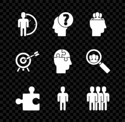Set Time Management, Human head with question mark, Project team base, Piece of puzzle, User in business suit, Users group, Target arrow and puzzles strategy icon. Vector