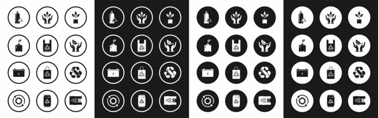 Set Plant in bottle, Plastic bag with recycle, Sprout, Recycling plastic, hand of environmental protection, and Car battery icon. Vector