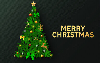 Merry Christmas  cannabis marijuana plant greeting card elements paper cut with craft style on background.