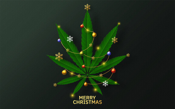 Merry Christmas  cannabis marijuana plant greeting card elements paper cut with craft style on background.