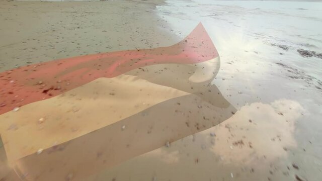 Digital composition of waving netherlands flag against aerial view of the beach and sea waves
