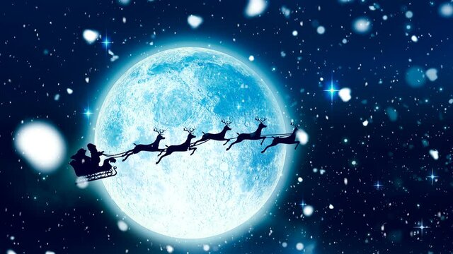 Snow falling over santa claus in sleigh being pulled by reindeers against moon in the night sky