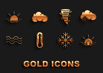 Set Thermometer, Cloud with snow, Sunrise, Snowflake, Waves, Tornado, and icon. Vector
