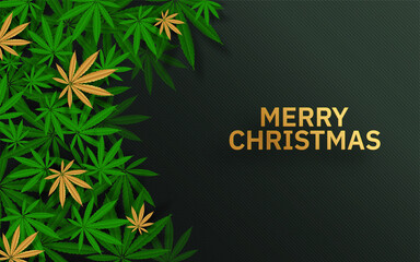 Merry Christmas  cannabis marijuana plant greeting card elements paper cut with craft style on background.