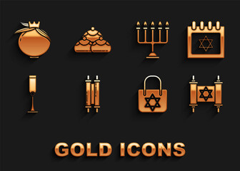 Set Torah scroll, Jewish calendar with star of david, Shopping bag, goblet, Hanukkah menorah, Pomegranate and sweet bakery icon. Vector