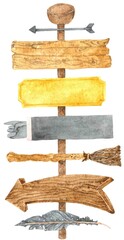 watercolor wooden road signs of various shapes and sizes on a pole. Pointers in the form of an arrow, a broom, a hand, a bird's feather, a tablet.blank frames for your text here