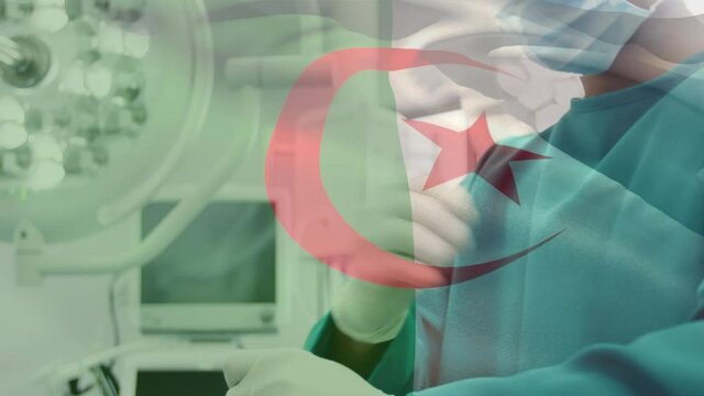 Animation of flag of algeria waving over surgeon in operating theatre