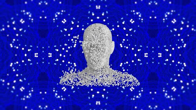 Animation of human head formed with exploding particles over blue kaleidoscope pattern background