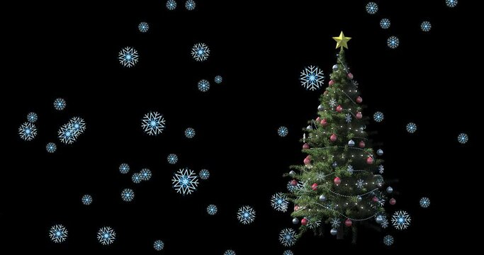 Animation of snow falling over christmas tree on dark background