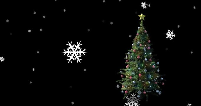 Animation of snow falling over christmas tree on dark background