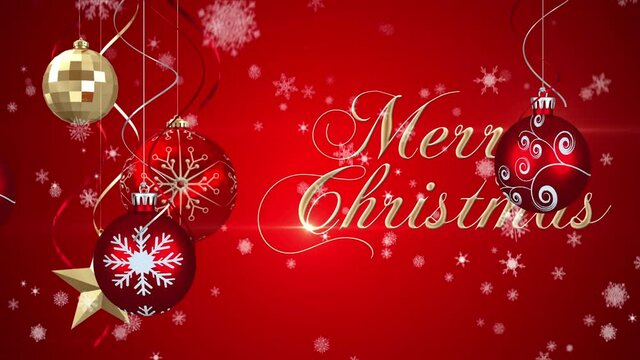 Animation of snow falling over merry christmas text and christmas tree decorations on red background