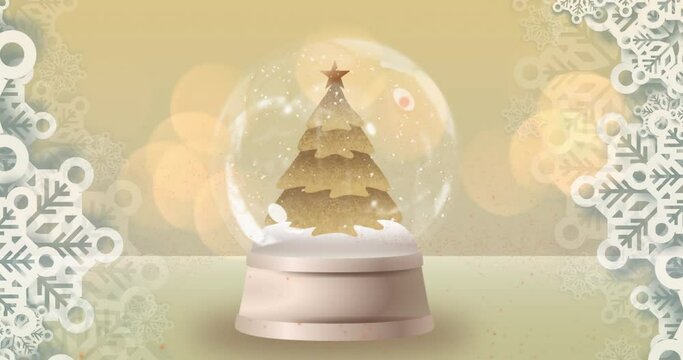 Animation of falling stars over snow globe with christmas tree on bright background